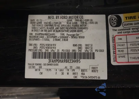 2011 Ford Fusion Se from USA, damaged, VIN 3FAHP0HA9BR234495